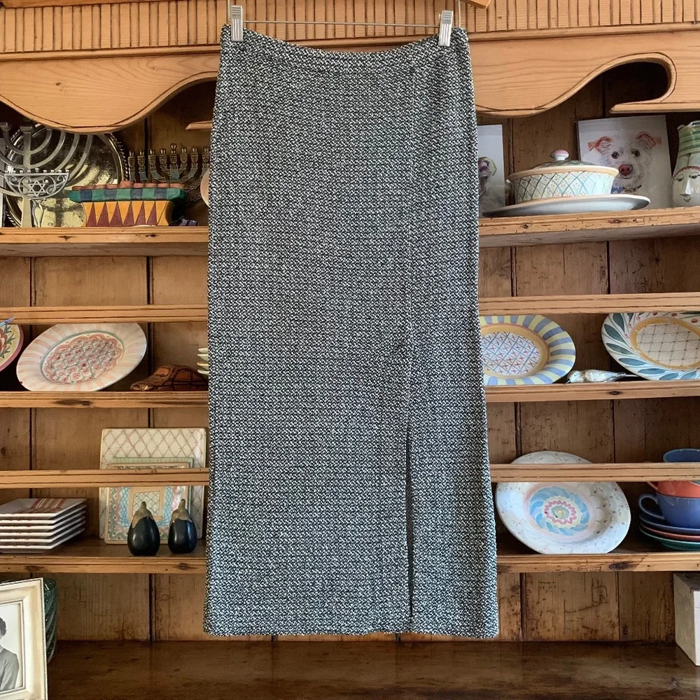 Vintage French Rags by Brenda French Midi Skirt Black Gray Textured Weave Size 1